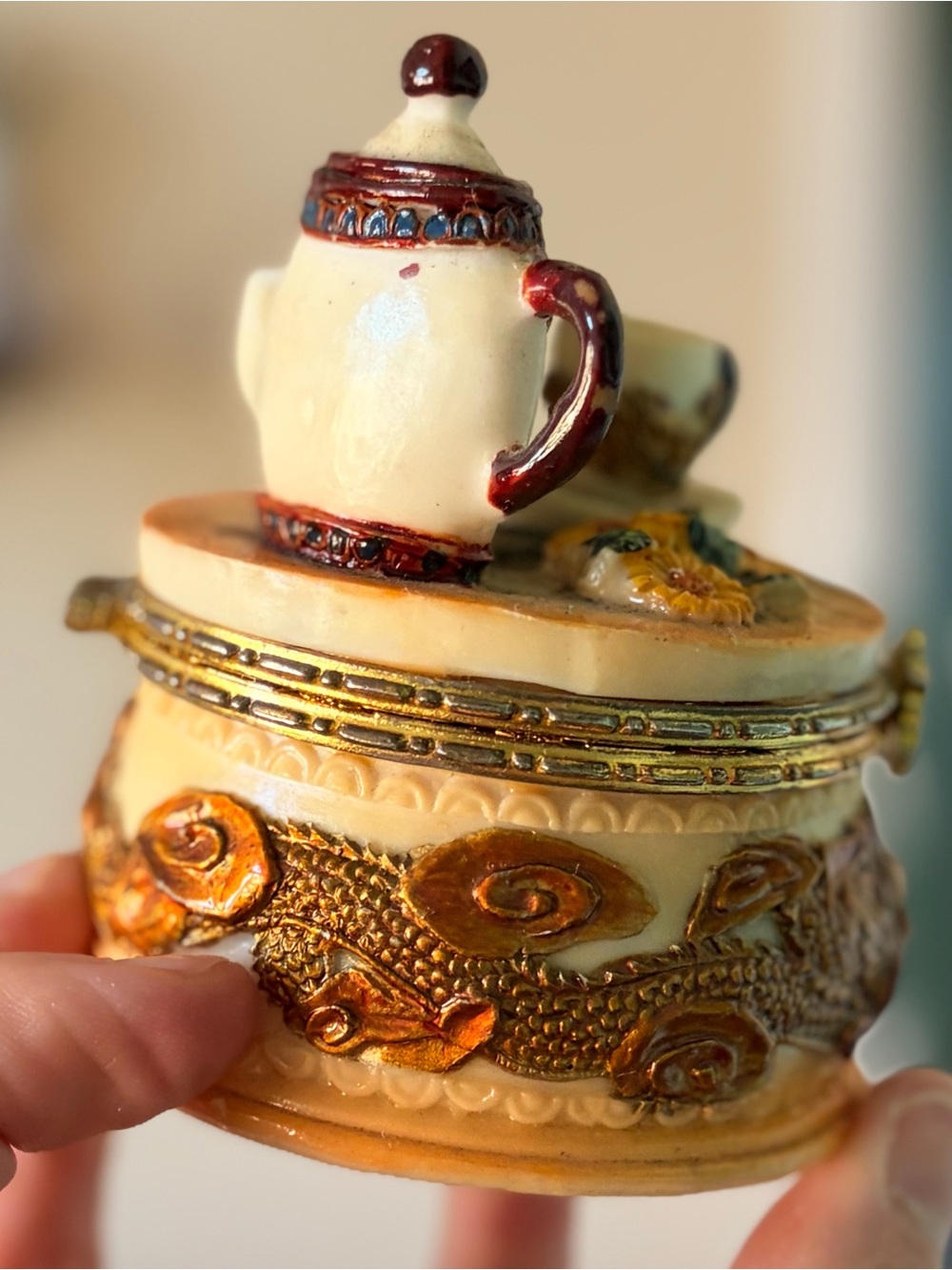 Miniature Tea Set Trinket Box - Cream & Burgundy Accents - Picture 3 of 6